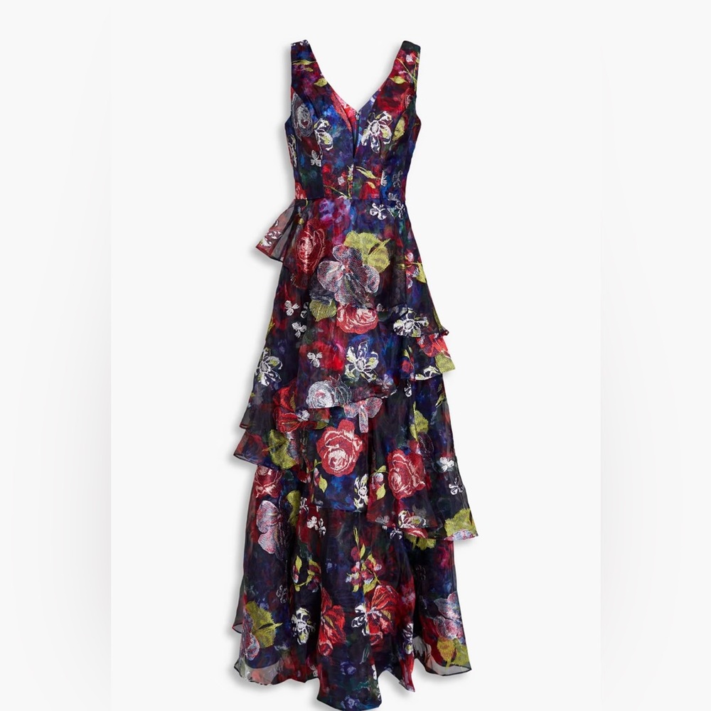 Marchesa Notte Tiered Embroidered Floral-Print Organza Gown